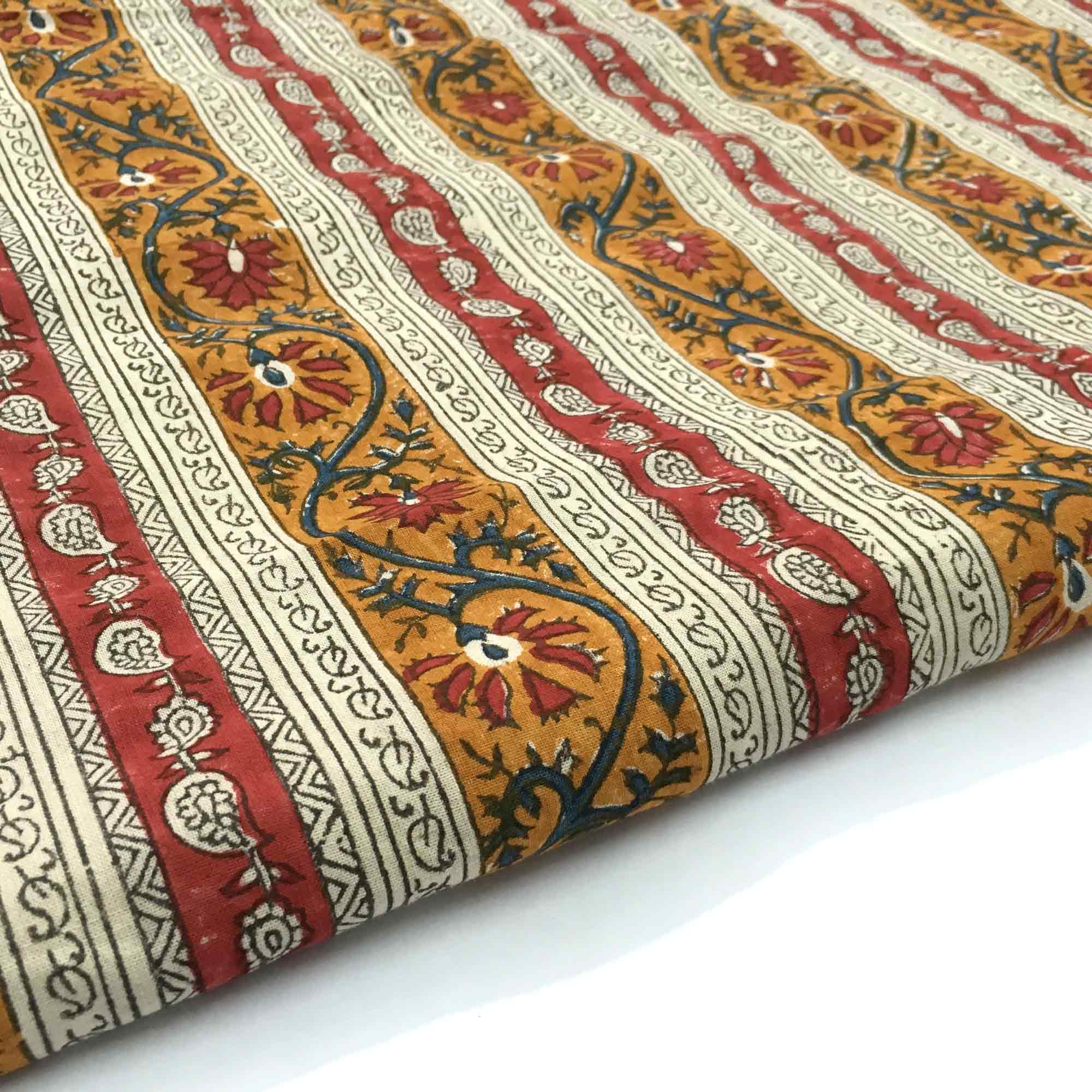 Striped Kalamkari Fabric in Red Blue and Mustard – DesiCrafts