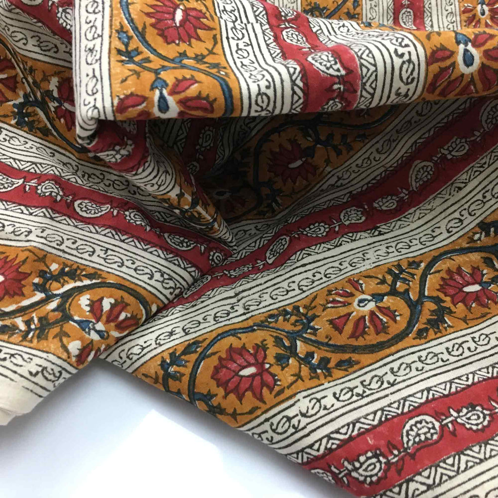 Fair Trade Striped Kalamkari Fabric in Red Blue and Mustard