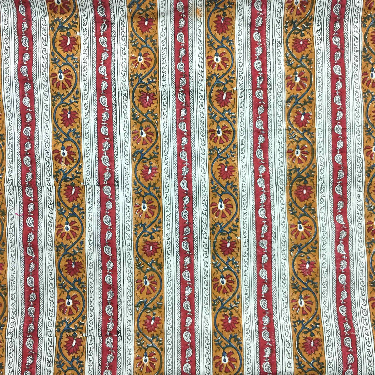 Striped Kalamkari Fabric in Red Blue and Mustard – DesiCrafts