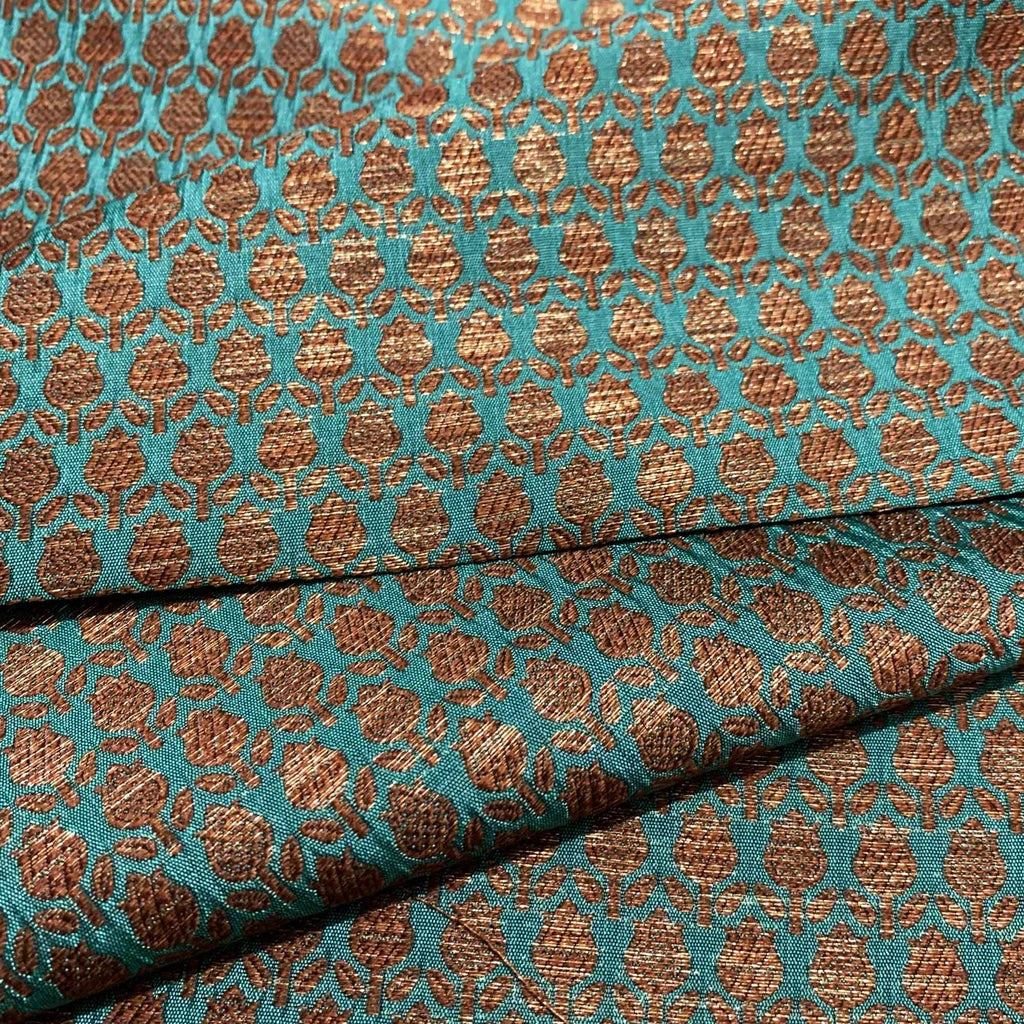 Teal Blue Gold Banaras Jacquard Silk Fabric