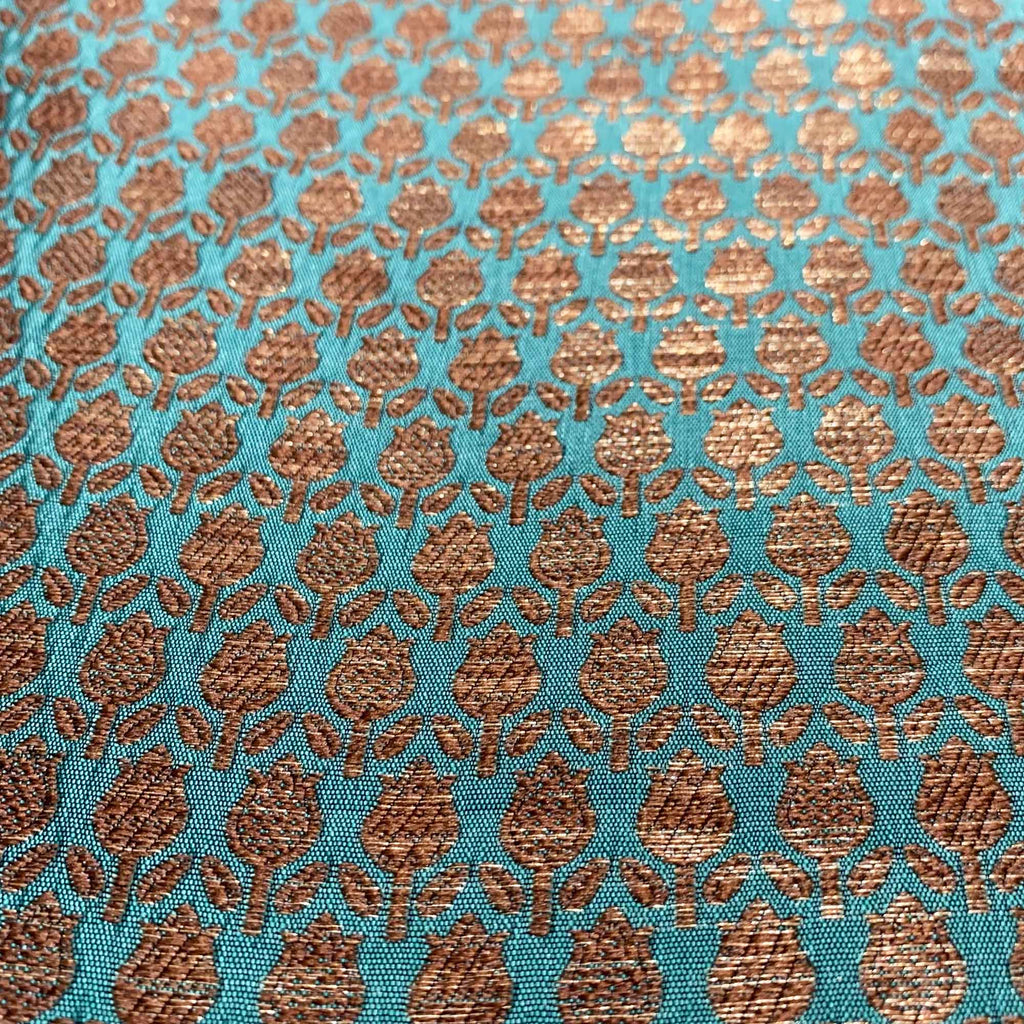 Teal Blue Gold Banaras Jacquard Silk Fabric
