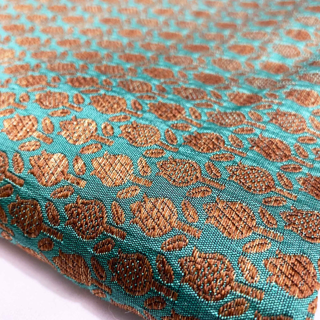 Teal Blue Gold Banaras Jacquard Silk Fabric