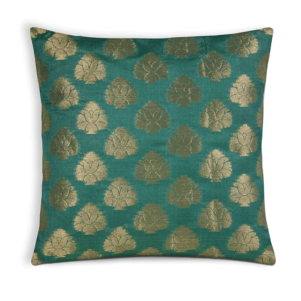 Green and Gold Floral Chanderi Silk Pillow Cover