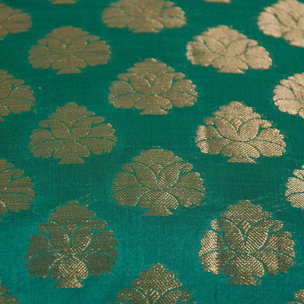 Green and Gold Floral Chanderi Silk Pillow Cover