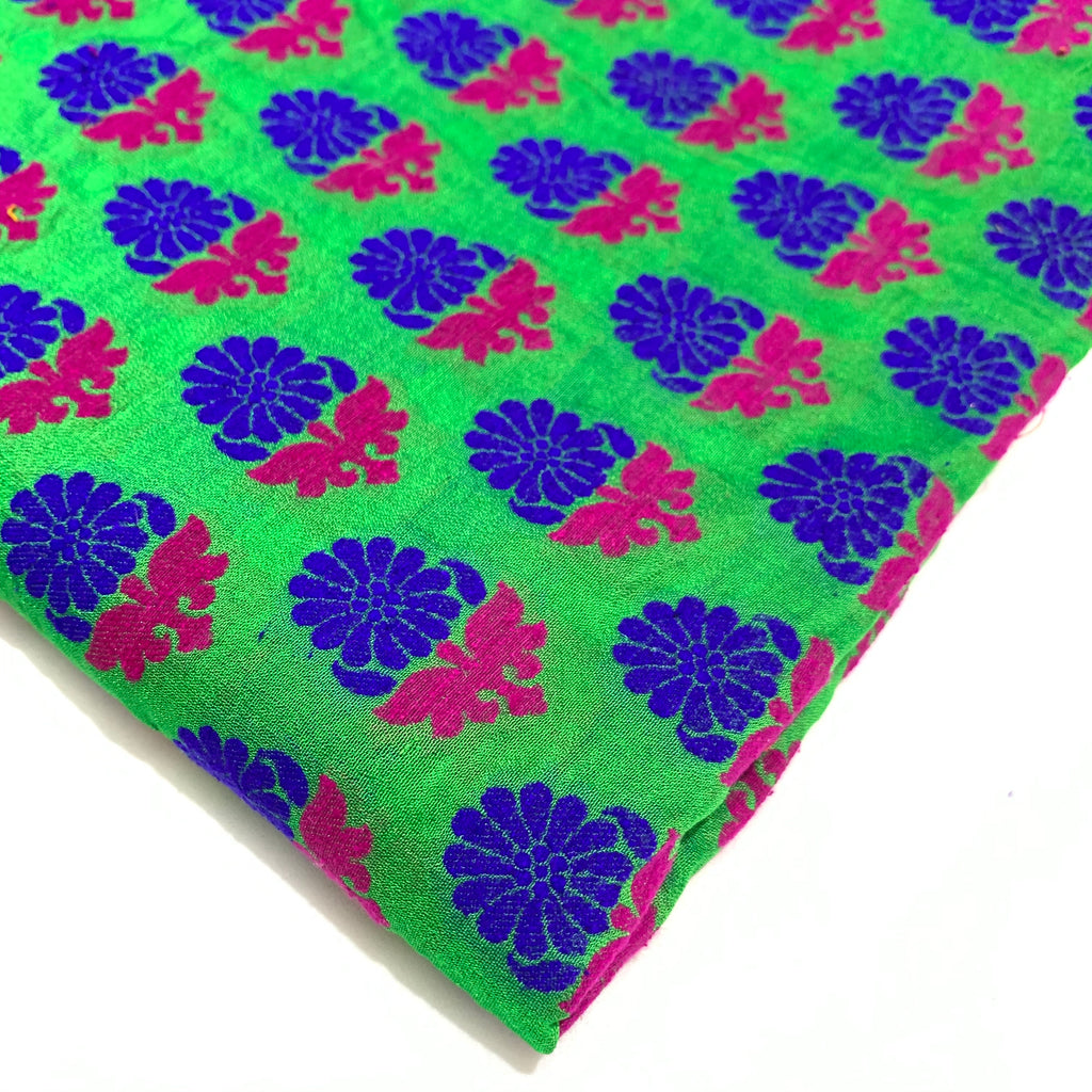 Green Multicolor Floral Jacquard Silk Fabric