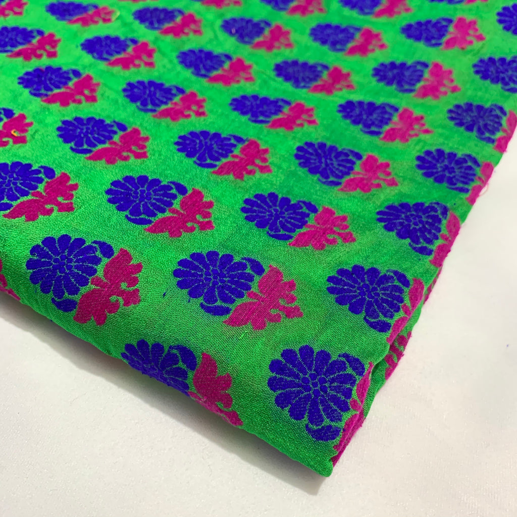Green Multicolor Floral Jacquard Silk Fabric