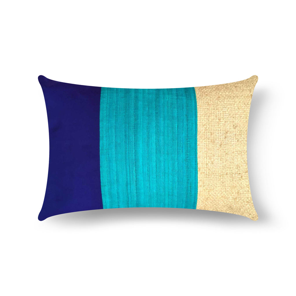 Handmade Aqua Navy Raw Silk Lumbar Pillow Cover Buy Online from India