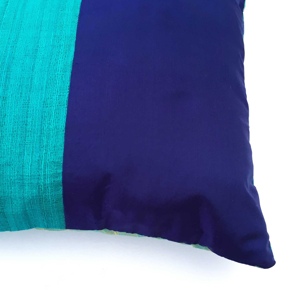 Navy and Teal Raw Silk Lumbar Pillow Cover