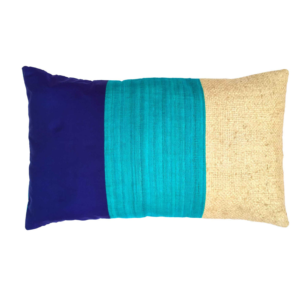 Aqua and Navy Raw Silk Lumbar Pillow Cover