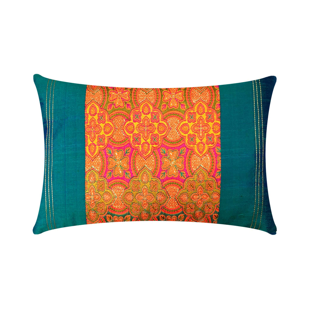Teal and Orange Embroidered Silk Lumbar Cushion Cover