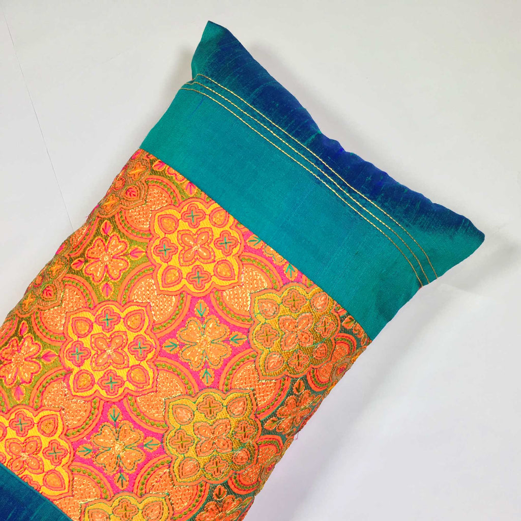 Teal and Orange Embroidered Silk Lumbar Cushion Cover