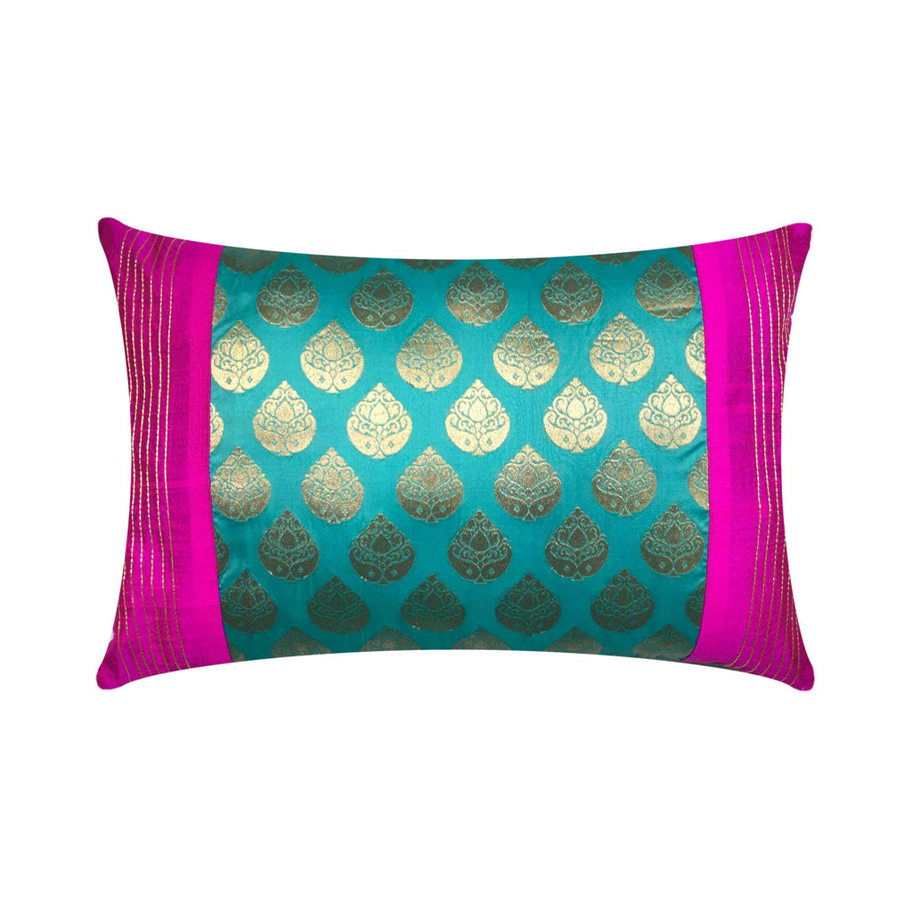 Teal and hot pink embroidered pillow cover