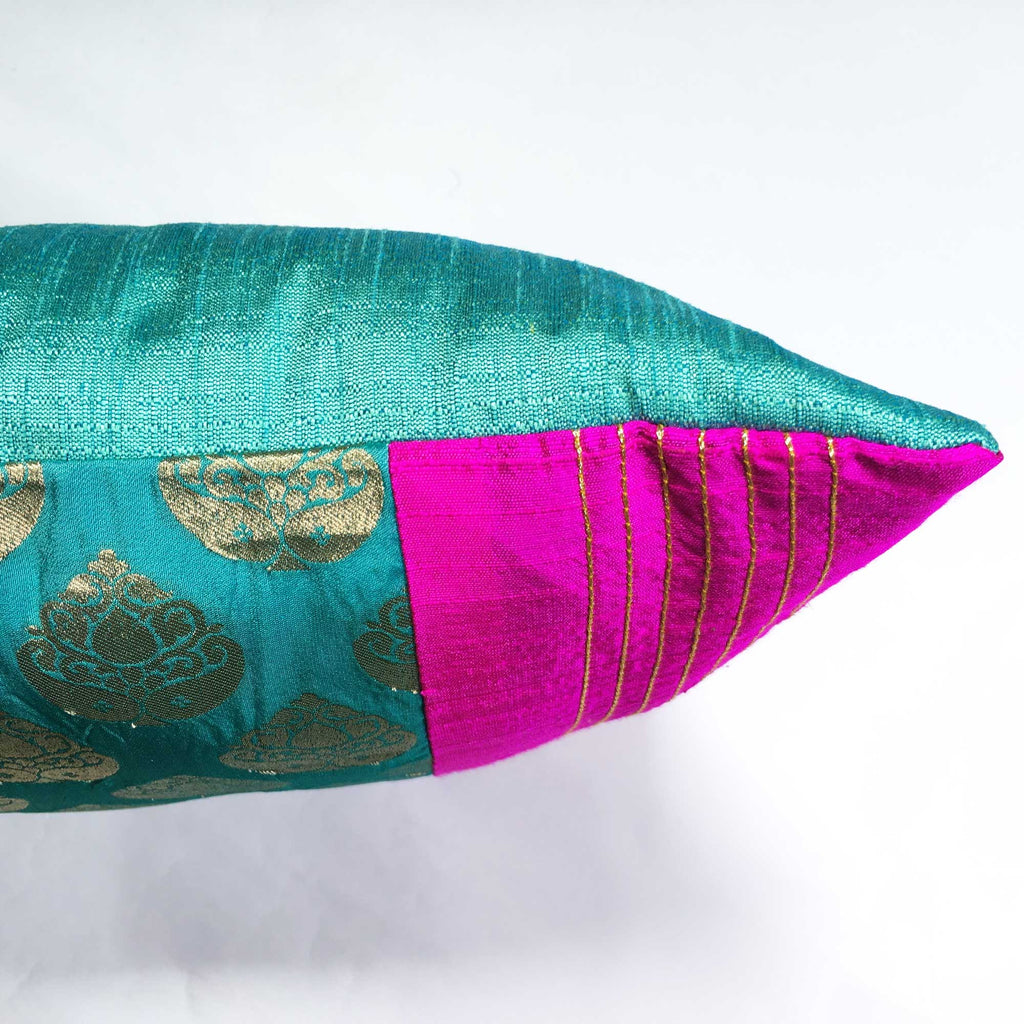Hot Pink and Teal pure silk pillow