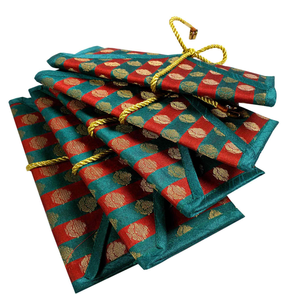 Set of 5 Teal and Red Silk Fabric Gift Envelopes