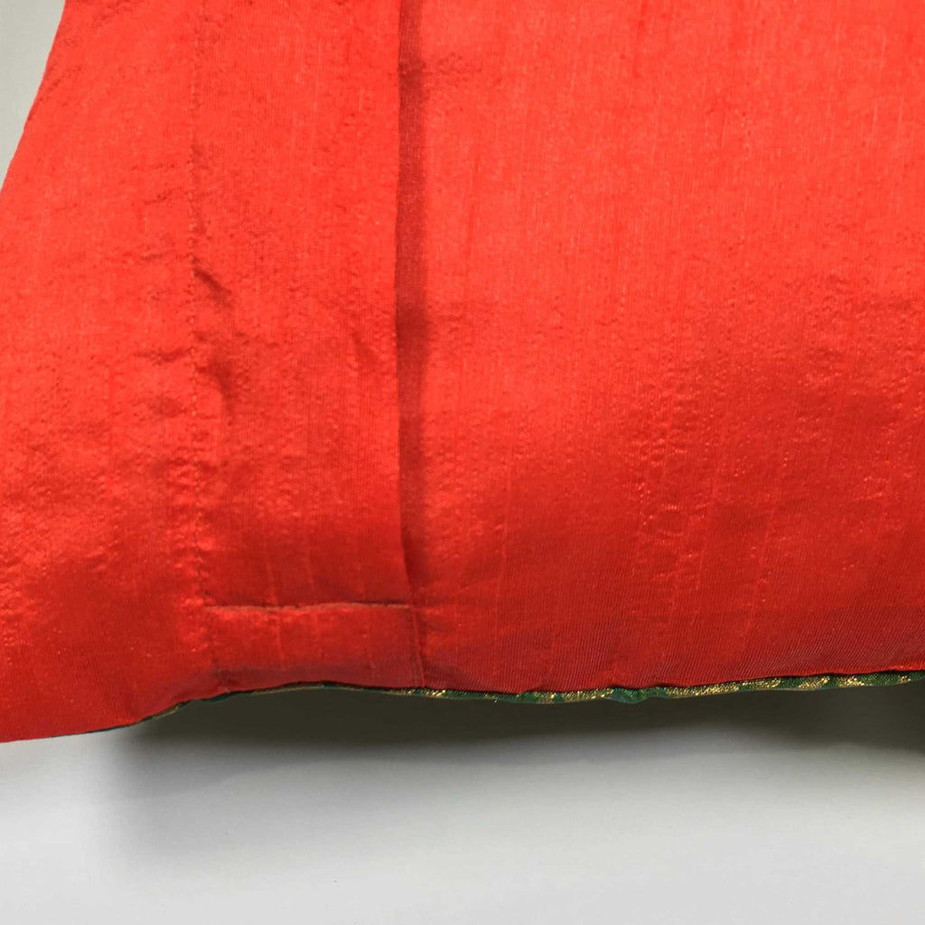 Teal and Red Banarasi Silk Lumbar Cushion Cover