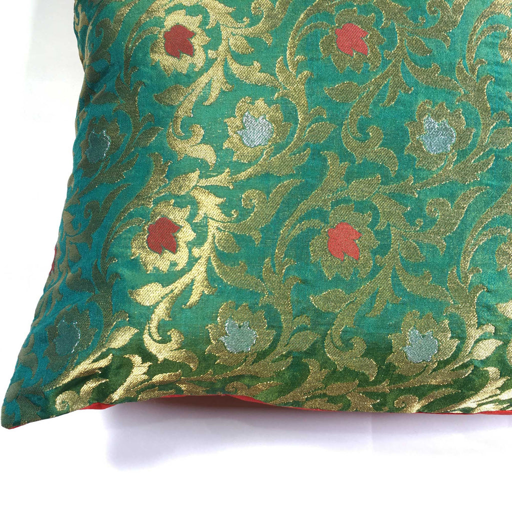 Teal and Red Banarasi Silk Lumbar Cushion Cover