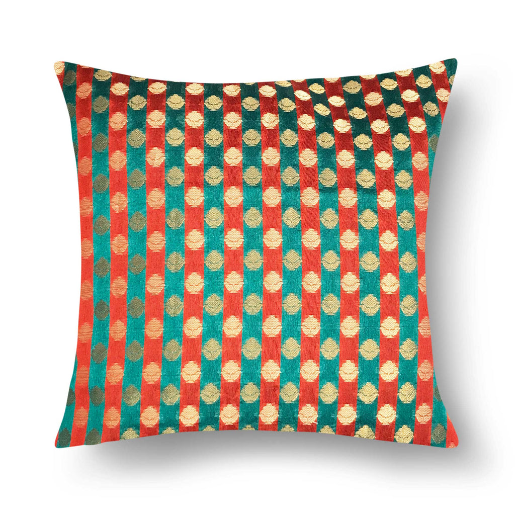 Teal Red Striped Chanderi Silk Pillow Cover
