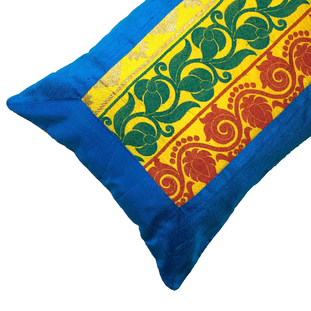 Turquoise Yellow Silk Lumbar Pillow Cover