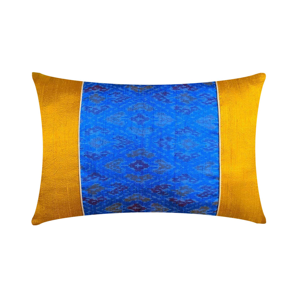 Turquoise and Mustard Embellished Raw Silk Ikat Pillow Cover
