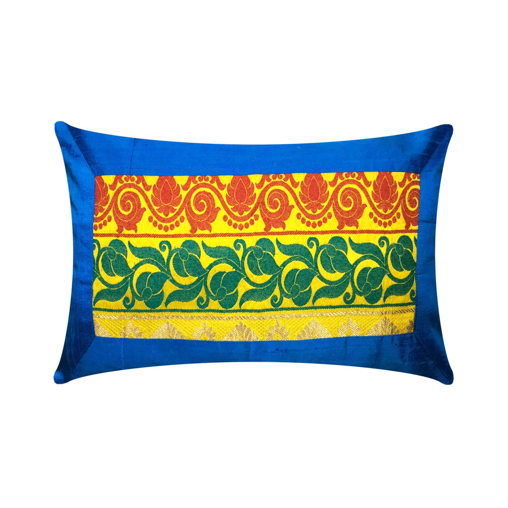 Turquoise Yellow Silk Lumbar Pillow Cover