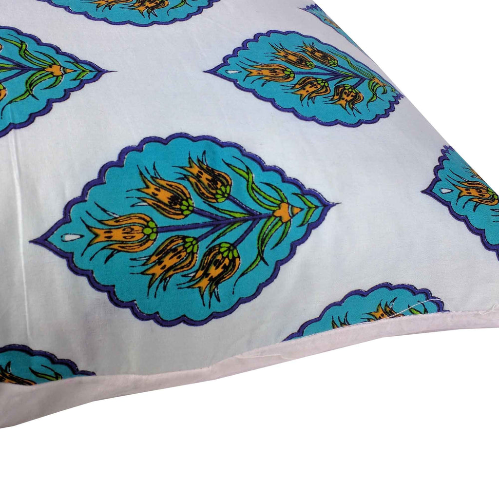 White and Teal Damask Cotton Cushion Cover