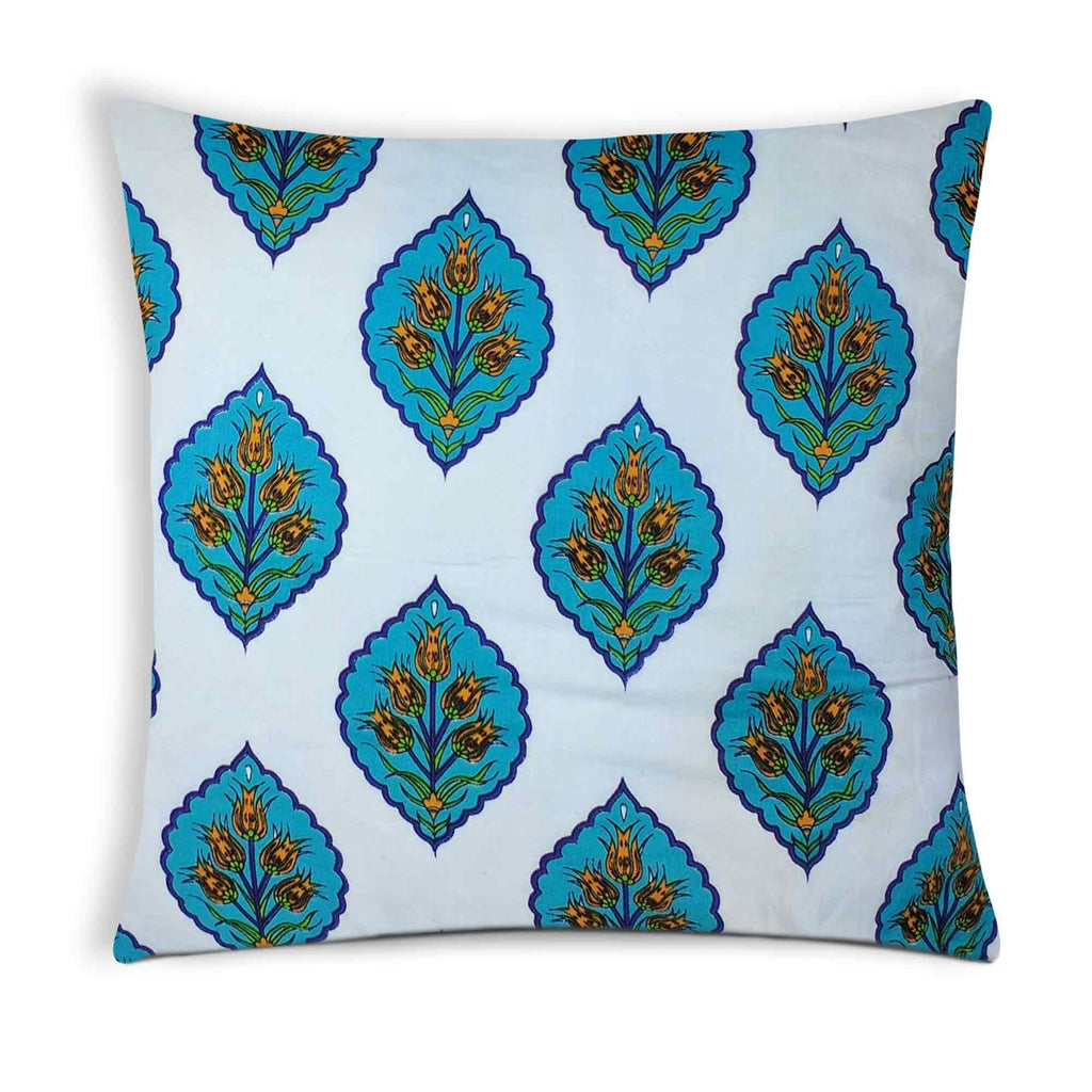 White and Teal Damask Cotton Cushion Cover