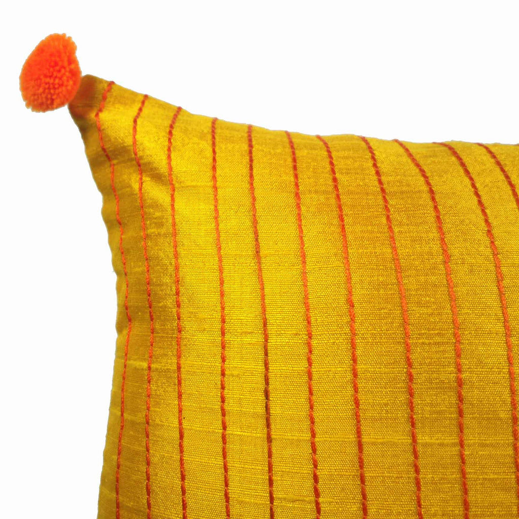 Yellow and Orange Kantha Embroidery Pillow Cover
