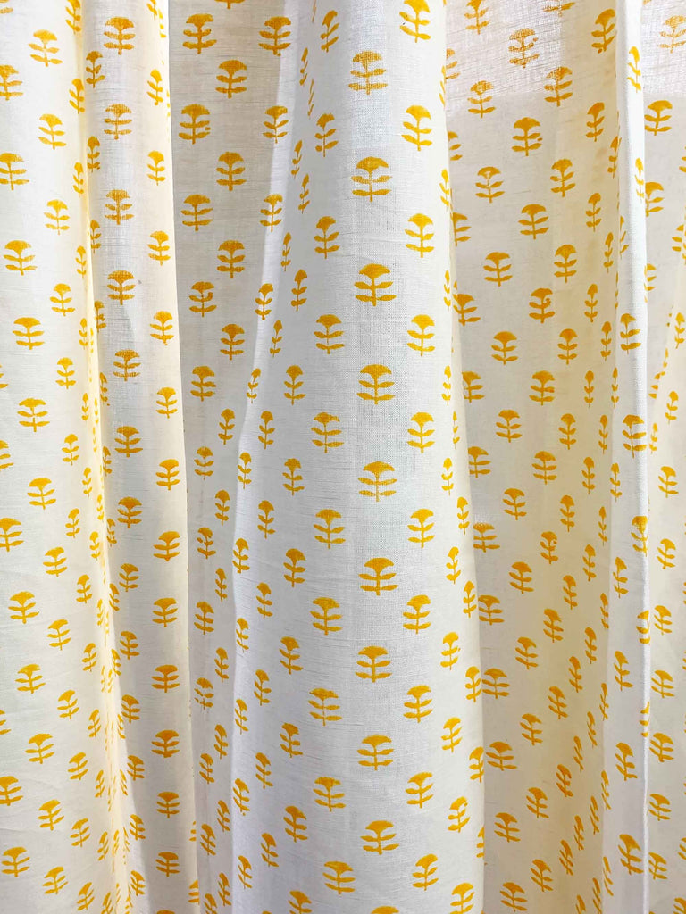 Cream Yellow Tiny Flower Hand Block Printed Cotton Curtains