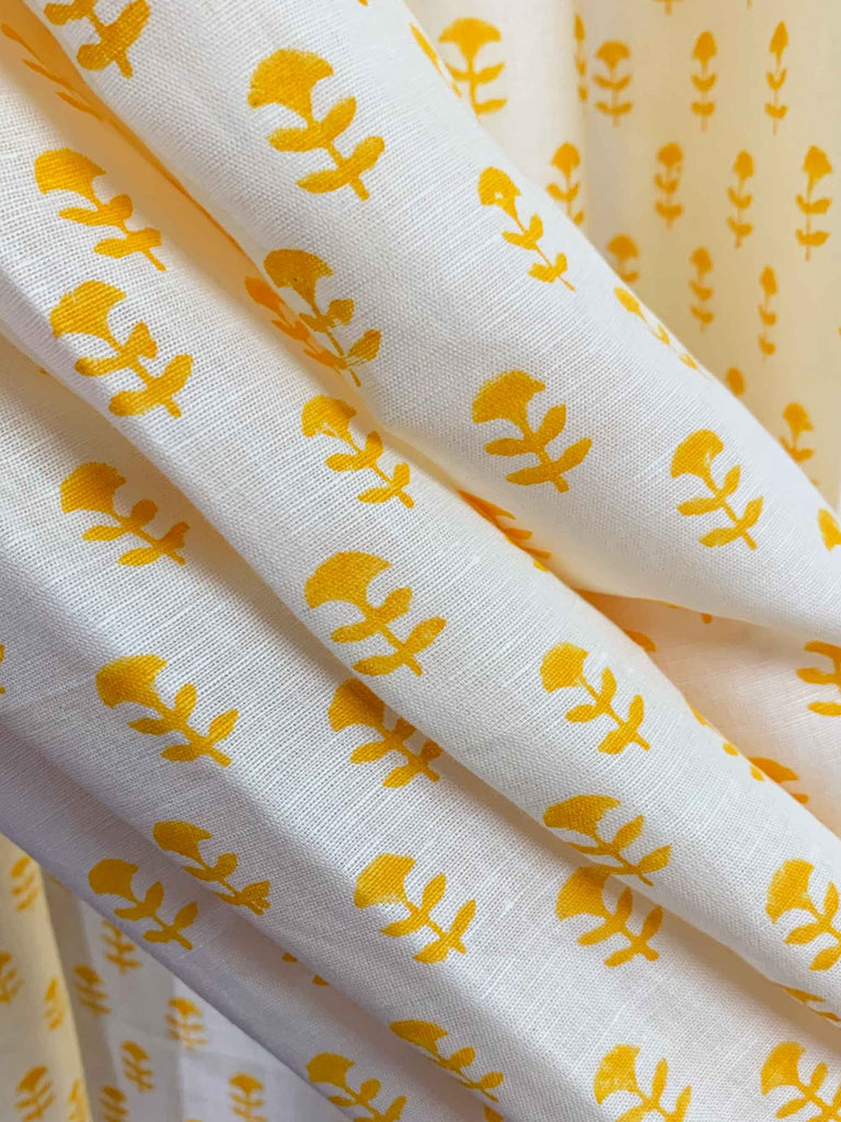 Cream Yellow Tiny Flower Hand Block Printed Cotton Curtains