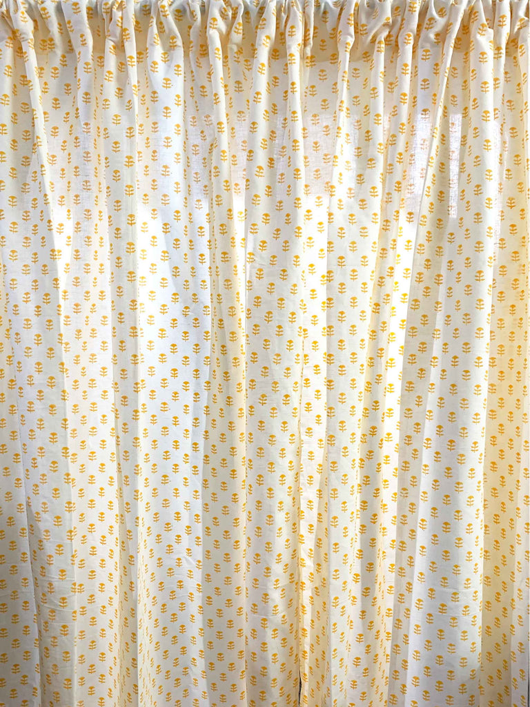 Cream Yellow Tiny Flower Hand Block Printed Cotton Curtains