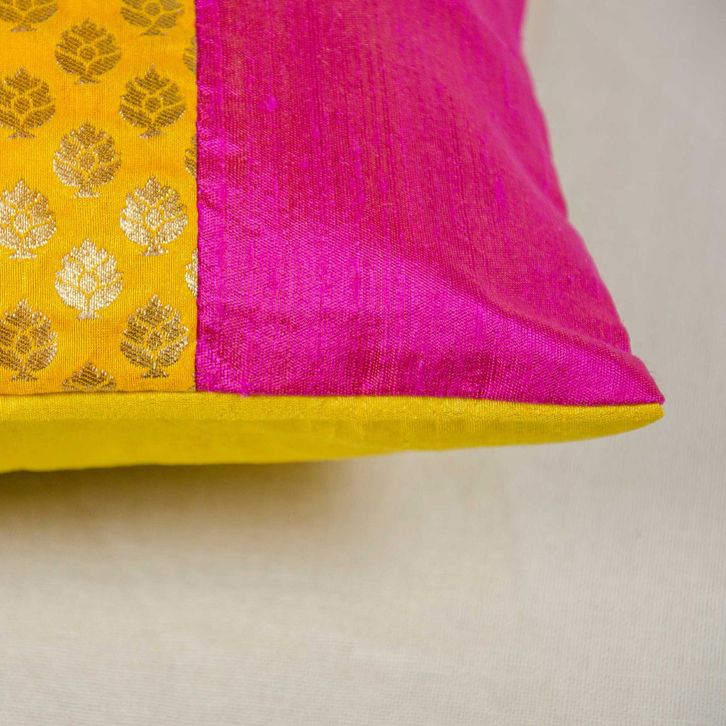 pink and yellow silk cushion cover