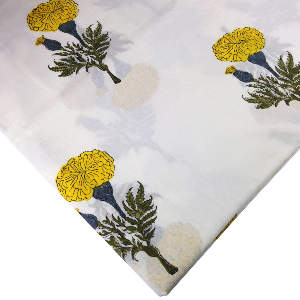 DesiCrafts Yellow and White Marigold Soft Cambric Cotton Fabric