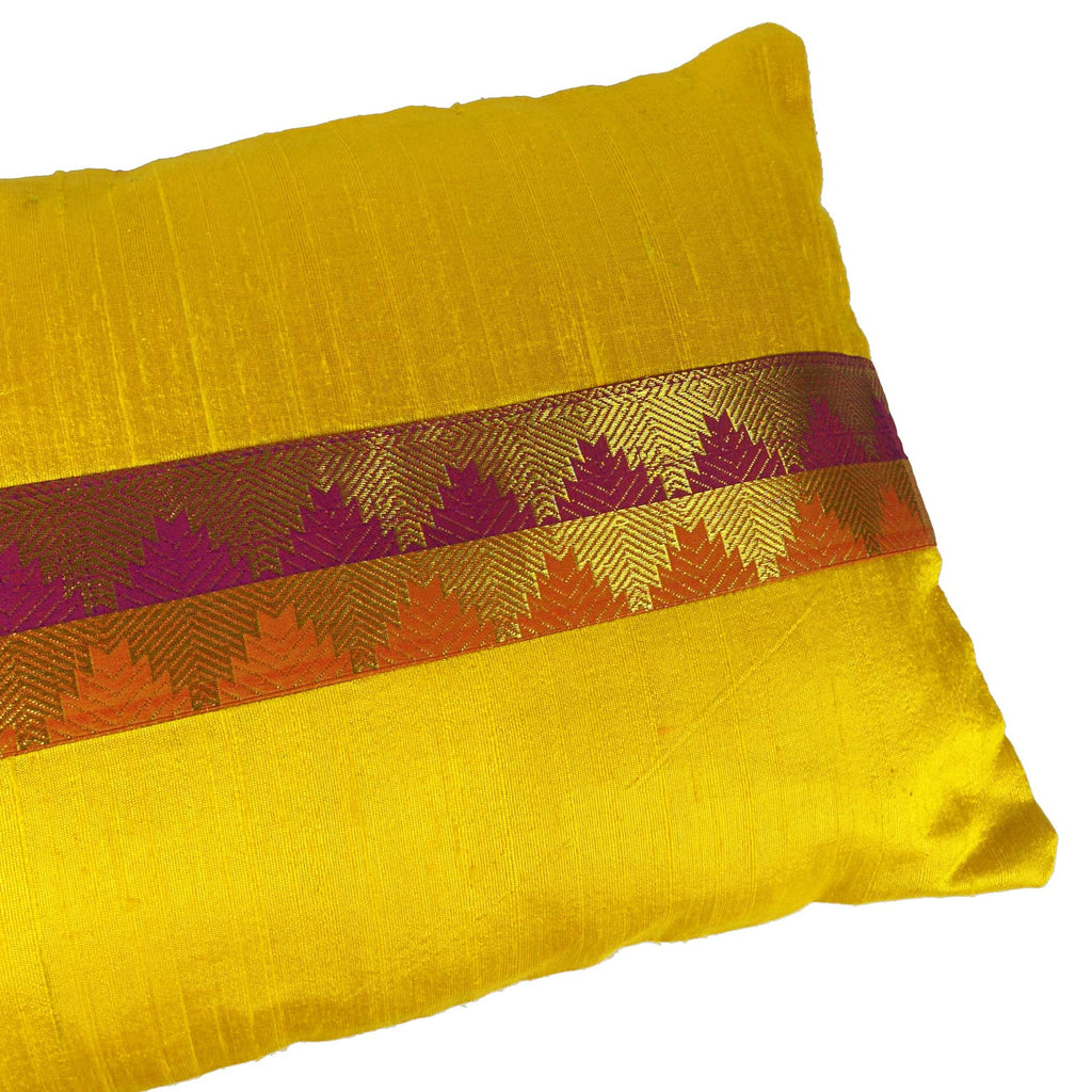 Yellow and Maroon Border Raw Silk Lumber Pillow Cover Buy Online From India
