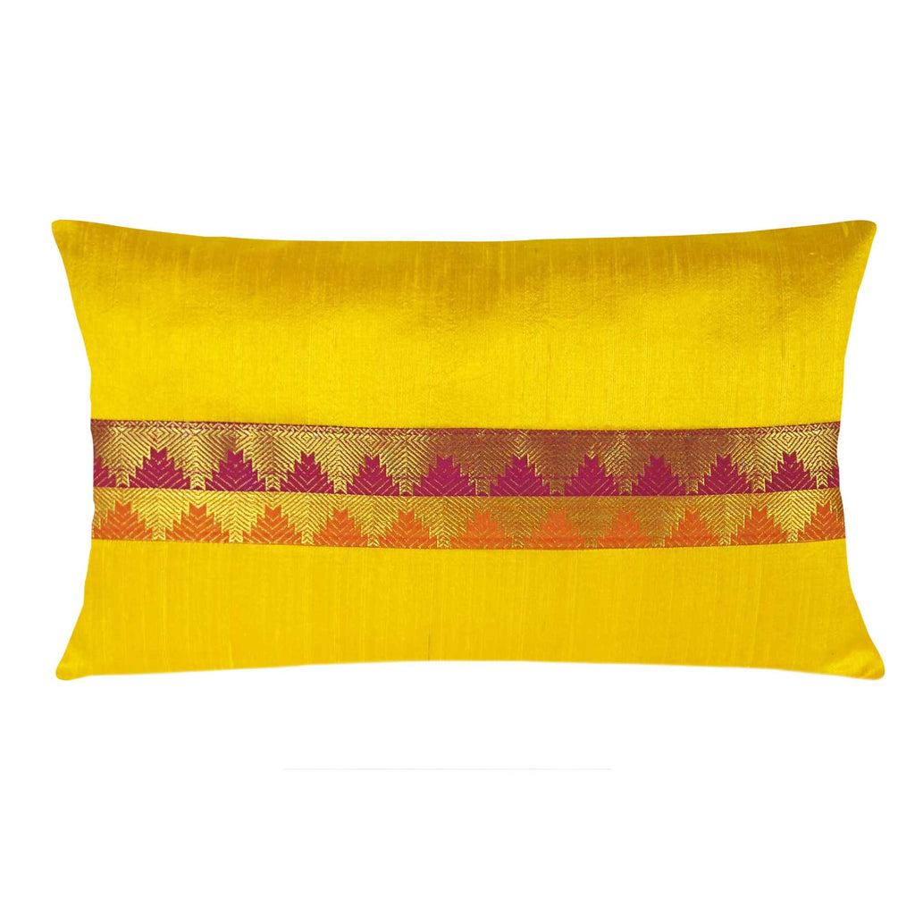 Yellow and Maroon Border Raw Silk Lumber Pillow Cover Buy Online From DesiCrafts