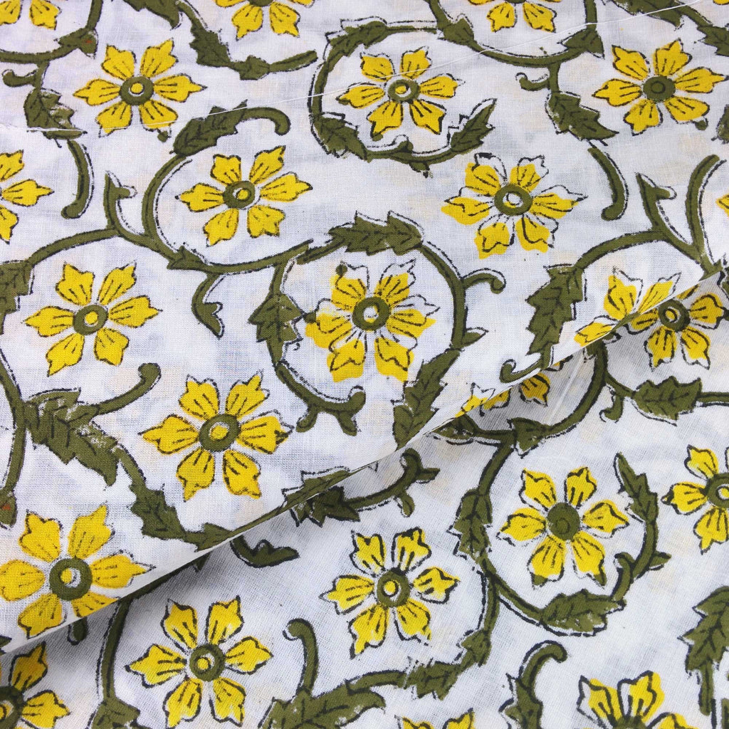 Yellow and Olive Floral Soft Cambric Cotton Fabric Handmade in India