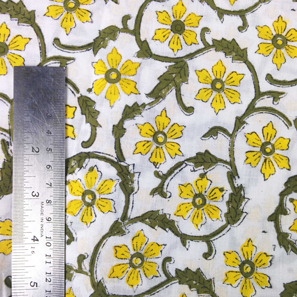 DesiCrafts Yellow and Olive Floral Soft Cambric Cotton Fabric