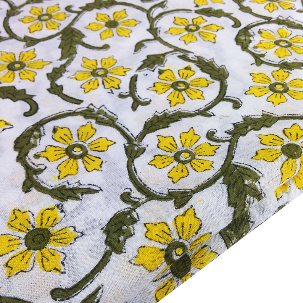 Yellow and Olive Floral Soft Cambric Cotton Fabric Buy online from India