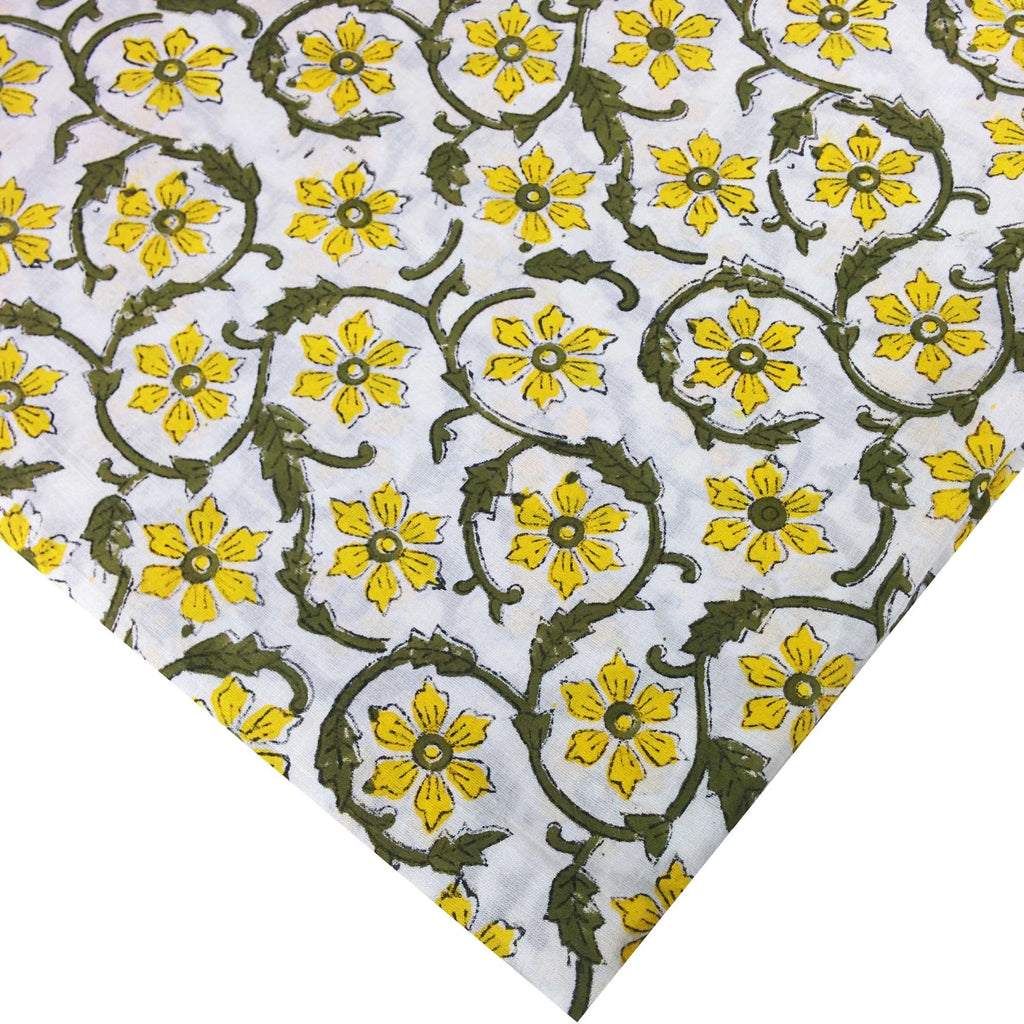 Yellow and Olive Floral Soft Cambric Cotton Fabric