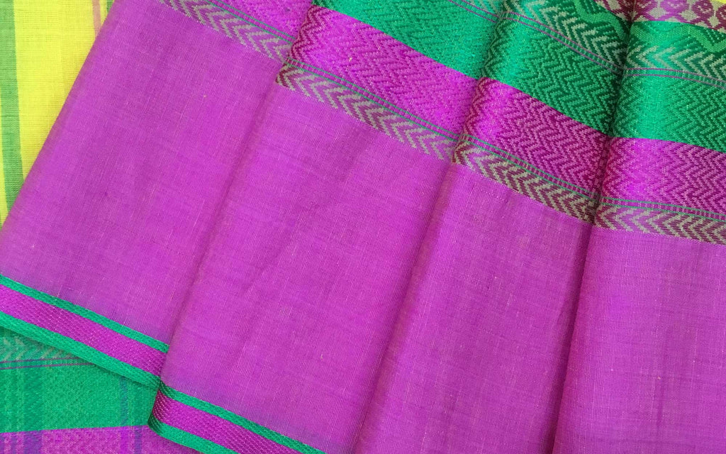 Handwoven pink yellow green sari for office wear 