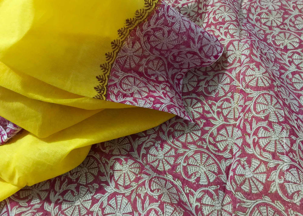 Yellow Fuchsia Floral BlockPrint Supernet Sari With Blouse