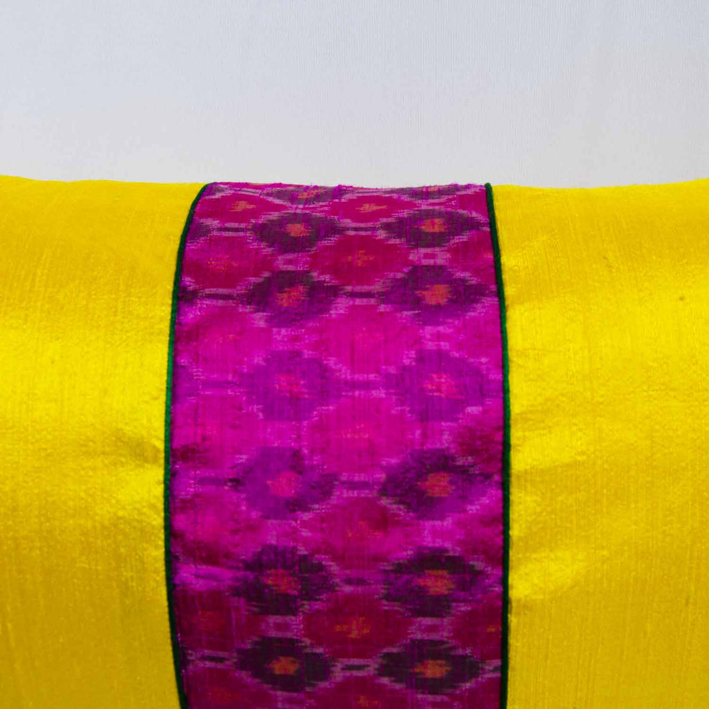yellow and pink pochampalli lumbar pillow cover