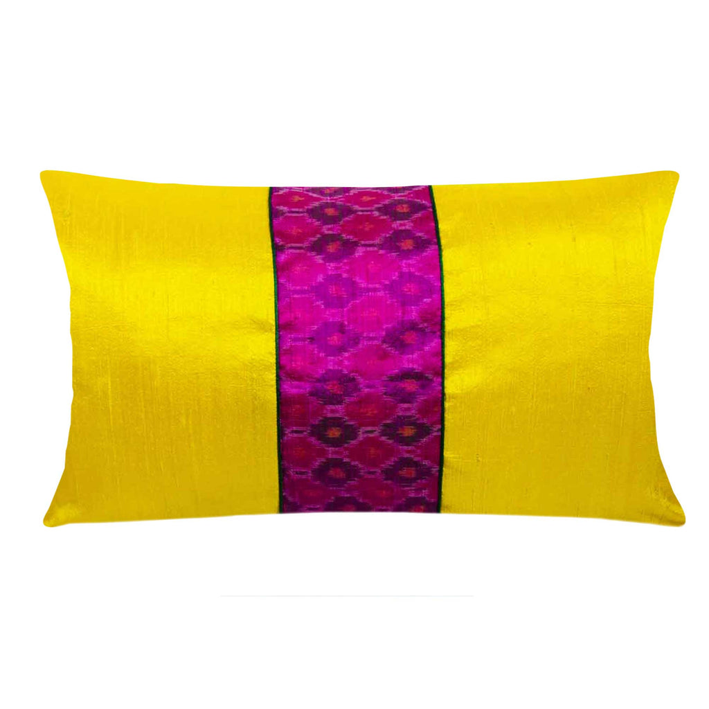 yellow and pink pochampalli lumbar pillow cover