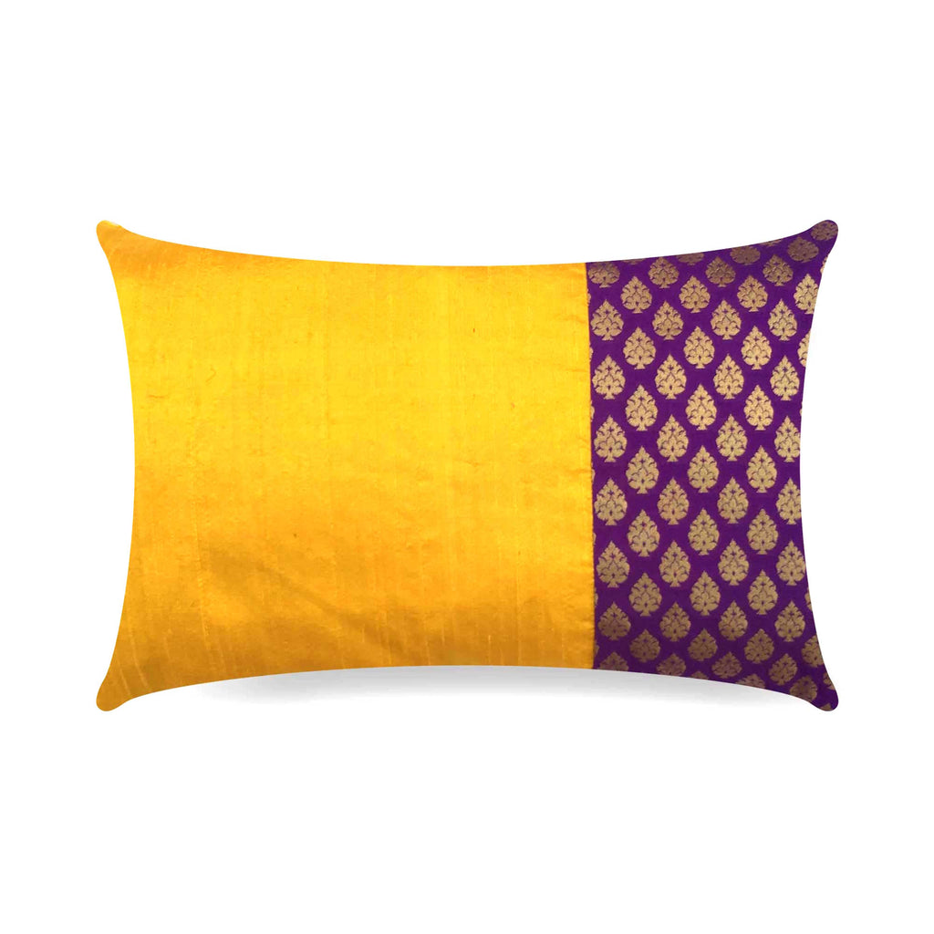 Yellow Purple and Gold Banrasi Silk Pillow Cover