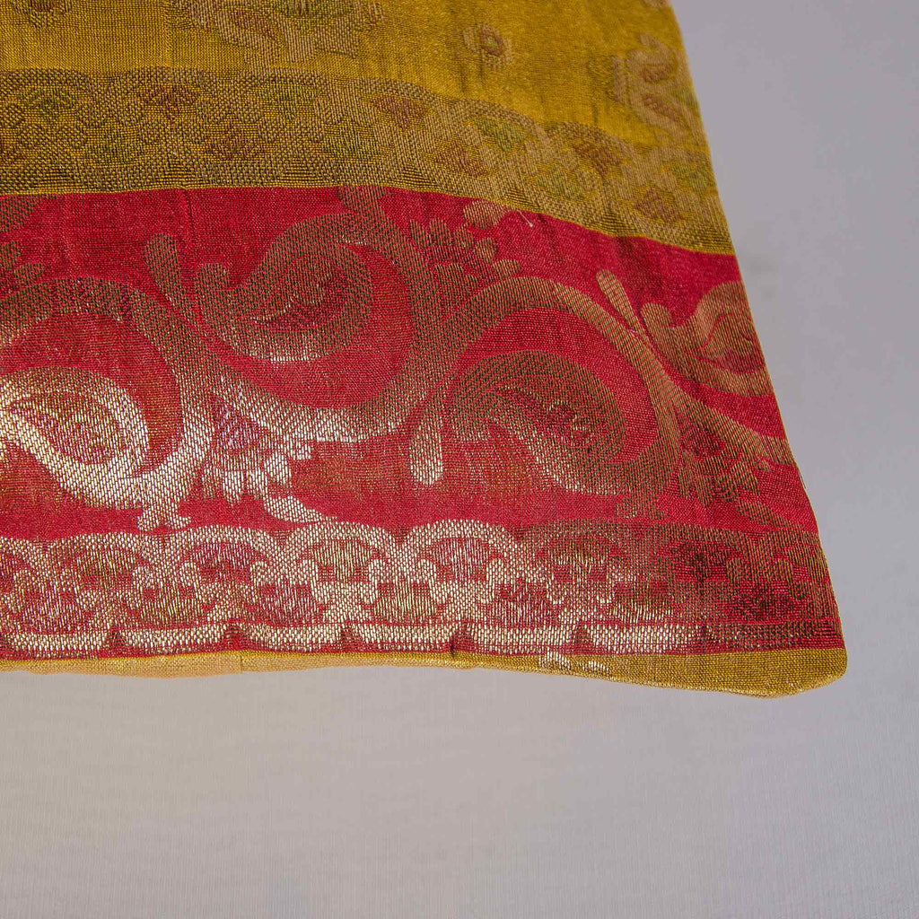 Striped Chanderi Silk Pillow Cover in Red and Mustard