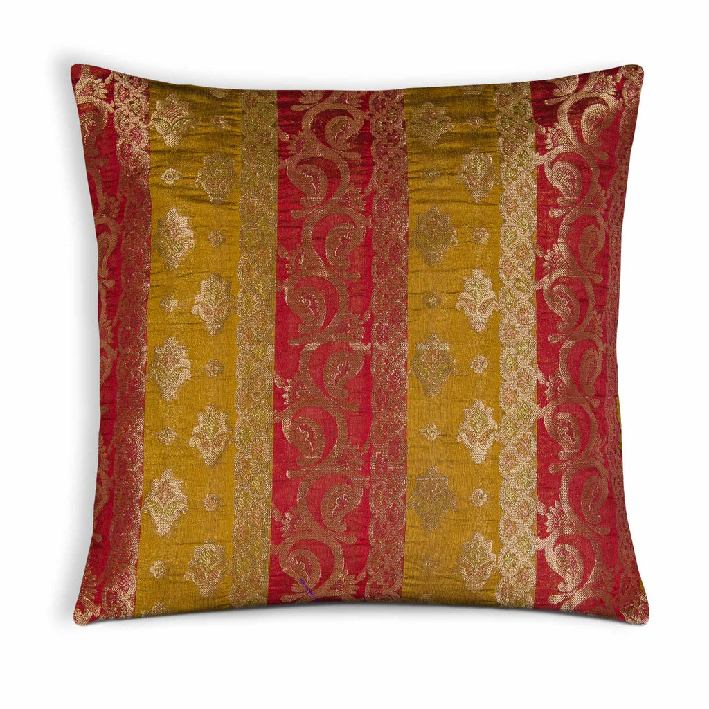 Striped Chanderi Silk Pillow Cover in Red and Mustard