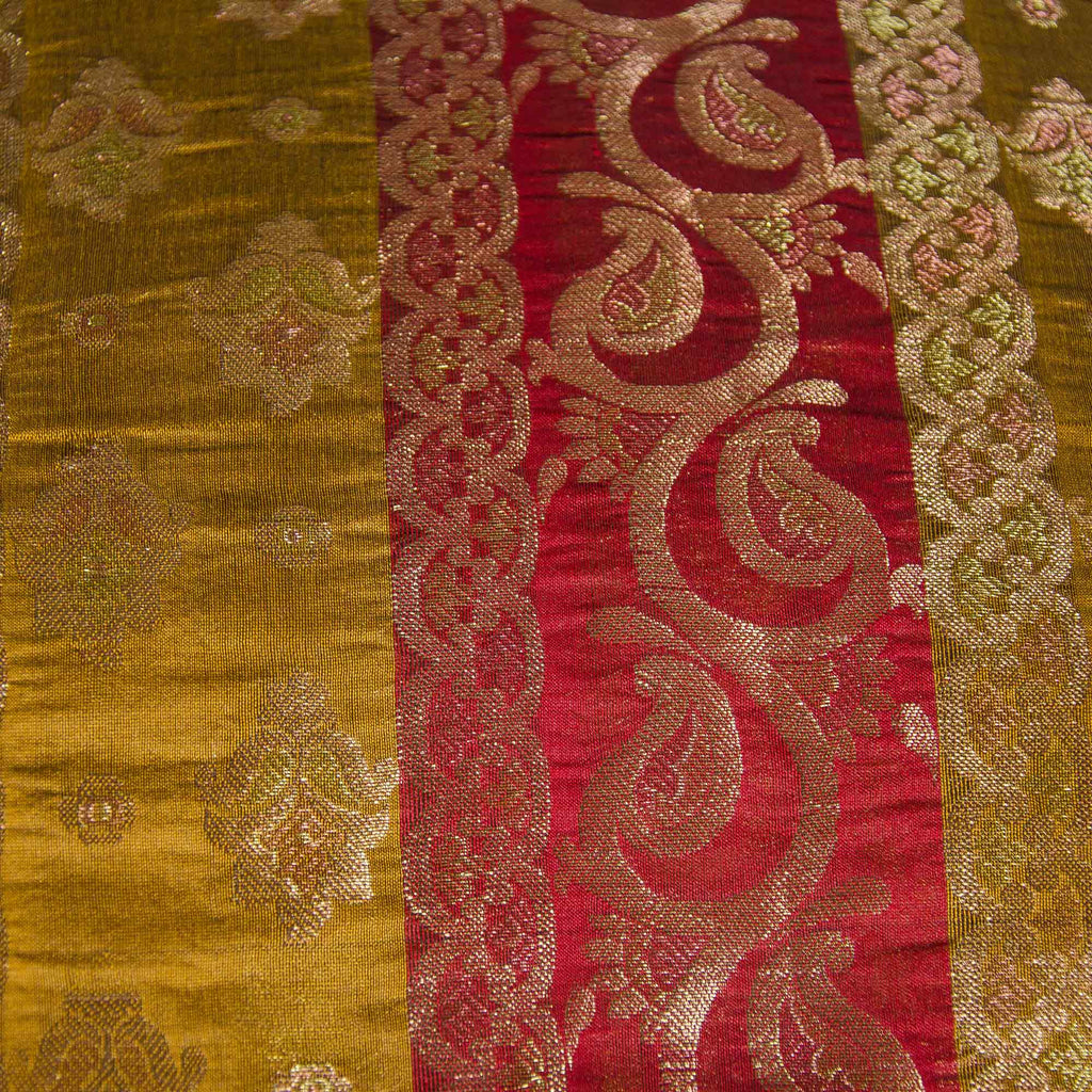 Striped Chanderi Silk Pillow Cover in Red and Mustard