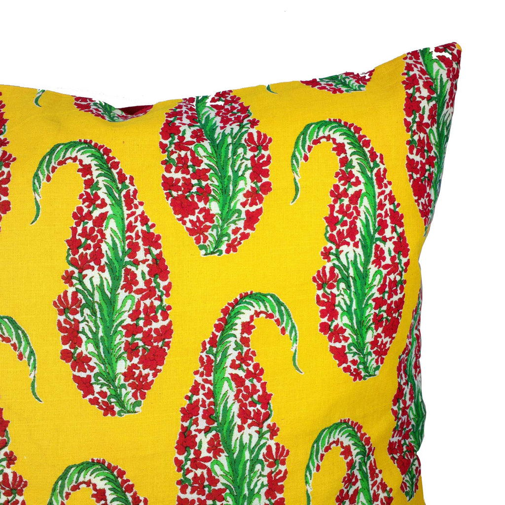 Yellow Red Paisley Cotton Cushion Cover Hidden Zipper Closer